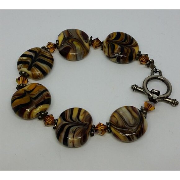 𝅺Vintage artisan toffee swirls art glass bracelet toggle clasp dressy statement - Picture 2 of 6